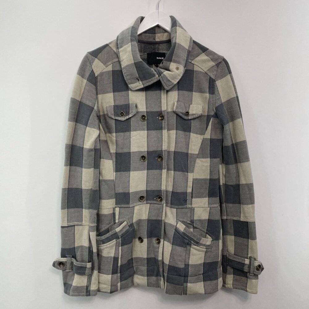 Hurley Plaid Blazer Jacket Pea Coat Double Breasted Cotton Knit Gray Womens M
